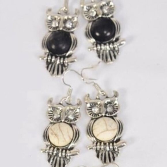 Antique Silver  Owl Black Semiprecious Stone Earrings Tribal indigenous NEW - Picture 2 of 5